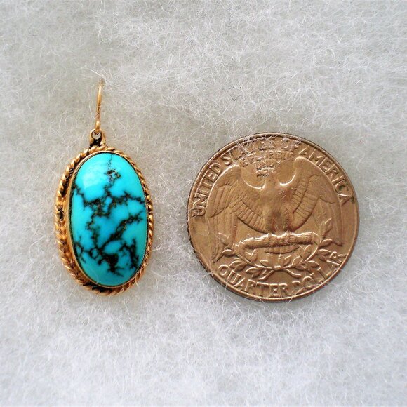 Vintage Native American 14K Yellow Gold Turquoise Dangle Drop Pierced Earrings - Picture 3 of 5